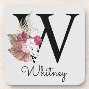 Monogrammierte Anfangsbuchstabe W Pink Boho Floral Getränkeuntersetzer