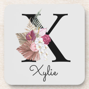 Monogrammierte Anfangsbuchstabe X Pink Boho Floral Getränkeuntersetzer