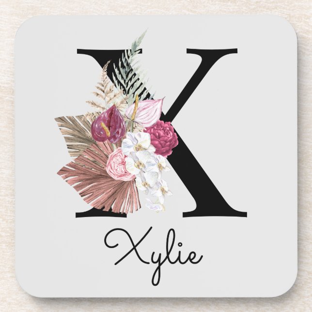 Monogrammierte Anfangsbuchstabe X Pink Boho Floral Getränkeuntersetzer (Vorderseite)