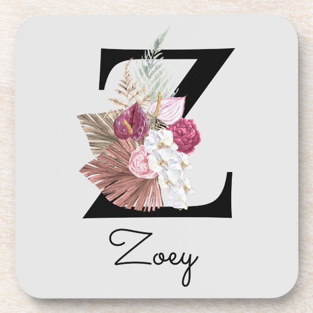 Monogrammierte Anfangsbuchstabe Z Pink Boho Floral Getränkeuntersetzer (Vorderseite)