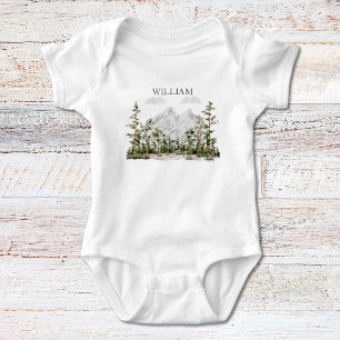 Monogrammierte Aquarell-Berg- und Wald-Darstellung Baby Strampler