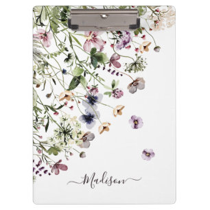 Monogrammierte Aquarell-Lila-Wildblumen  Klemmbrett