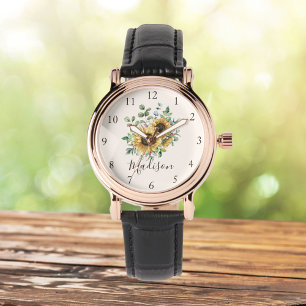 Monogrammierte Aquarell-Vintage-Sonnenblume Armbanduhr