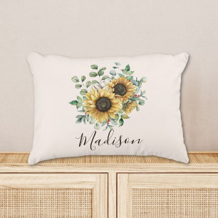 Monogrammierte Aquarell-Vintage-Sonnenblume Dekokissen