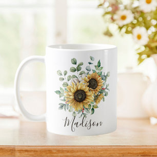 Monogrammierte Aquarell-Vintage-Sonnenblume Kaffeetasse