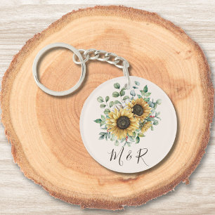 Monogrammierte Aquarell-Vintage-Sonnenblume Schlüsselanhänger