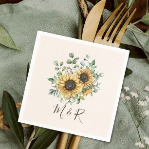 Monogrammierte Aquarell-Vintage-Sonnenblume Serviette