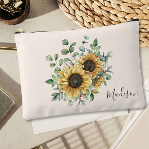 Monogrammierte Aquarell-Vintage-Sonnenblume Zubehörtasche