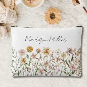Monogrammierte Aquarell-Wildblumen-Wiesen-Blumen Zubehörtasche