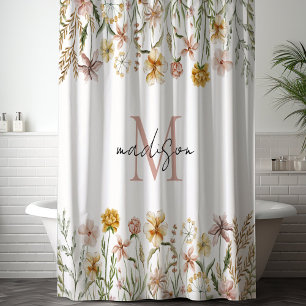 Monogrammierte Aquarell-Wildblumenwiese Blumen Duschvorhang