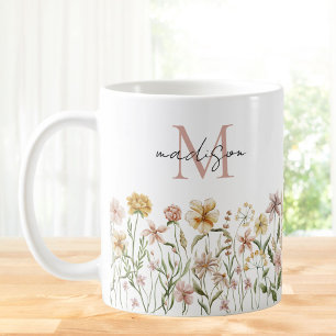 Monogrammierte Aquarell-Wildblumenwiese Blumen Kaffeetasse