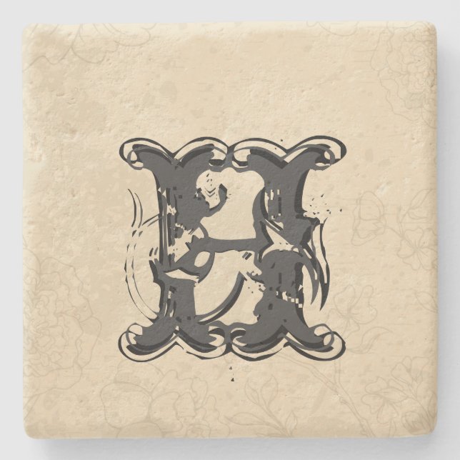 Monogrammierte Beige Tones Vintages Blumenmuster Steinuntersetzer (Vorderseite)