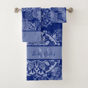 Monogrammierte Blaue Boho Moody Mandalas Badhandtuch Set