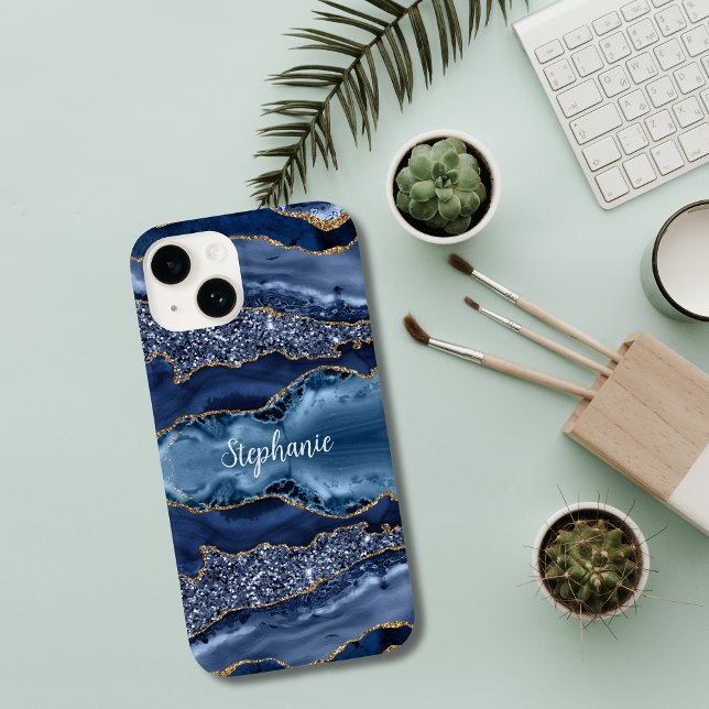 Monogrammierte Blaue Gold Achat Murmel Glitter Case-Mate iPhone Hülle (Blue Gold Glitter Agate Monogrammed iPhone case)