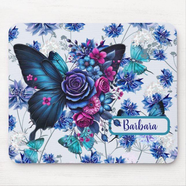 Monogrammierte blaue Schmetterlinge und Blume Mousepad (Vorne)
