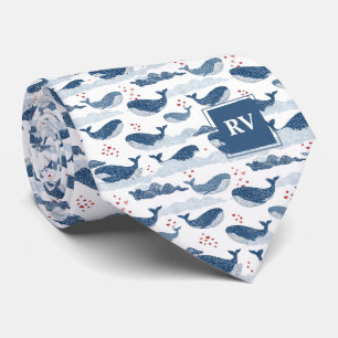 Monogrammierte Blauwale und Herzen in Wellen Krawatte