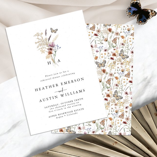 Monogrammierte Boho-Floral-Probe-Dinner Einladung (Monogrammed Boho Floral Rehearsal Dinner Invitation with Butterfly by Painted Paperie
)