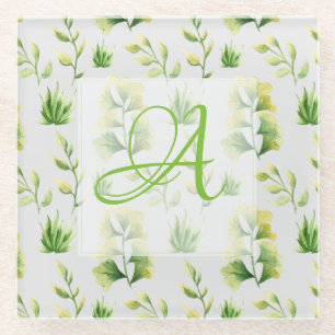 Monogrammierte Botanische Blätter Wasserfarbe Grün Glasuntersetzer