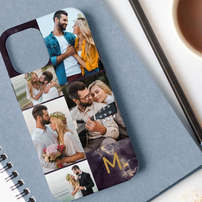 Monogrammierte dunkle Marmor 5-Foto-Collage Case-Mate iPhone Hülle (Von Creator hochgeladen)