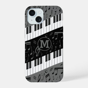 Monogrammierte gekrümmte Klaviertasten und Noten iPhone 15 Hülle