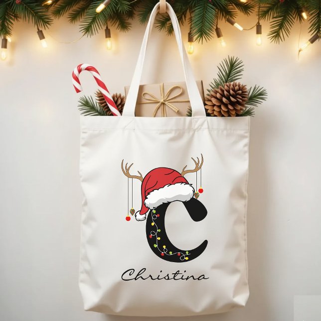 Monogrammierte Geschenktasche für große Mengen an  Tragetasche (Santa Claus tote, personalized Christmas gift, family holiday tote, Christmas initial tote,)