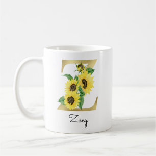 Monogrammierte goldene Sonnenblumen-Blumen-Initial Kaffeetasse