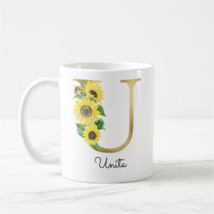 Monogrammierte goldene Sonnenblumen-Blumeninitiale Kaffeetasse