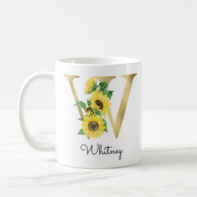 Monogrammierte goldene Sonnenblumen-Blumeninitiale Kaffeetasse (Links)