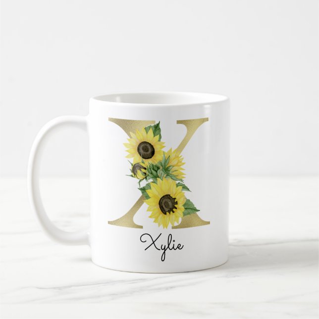 Monogrammierte goldene Sonnenblumen-Blumeninitiale Kaffeetasse (Links)