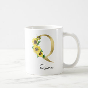 Monogrammierte goldene Sonnenblumen-Initiale Q Kaffeetasse