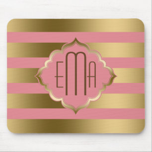 Monogrammierte goldene Streifen und rosa geometris Mousepad