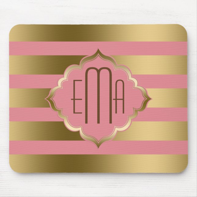 Monogrammierte goldene Streifen und rosa geometris Mousepad (Vorne)