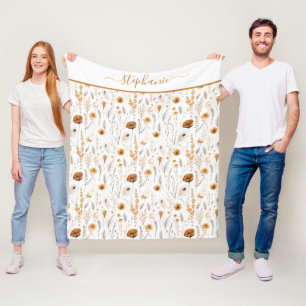Monogrammierte Grau Beige Braun Weiß Boho Blumen Fleecedecke