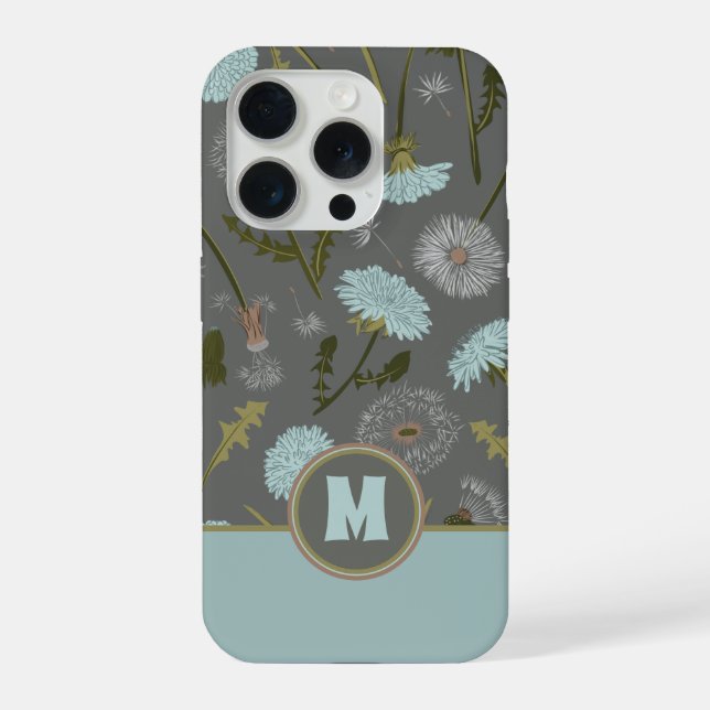 Monogrammierte Graue Blaue Löwenzahn Whimsical Blu iPhone Hülle (Rückseite)