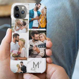 Monogrammierte graue Marmor 5-Foto-Collage Case-Mate iPhone Hülle