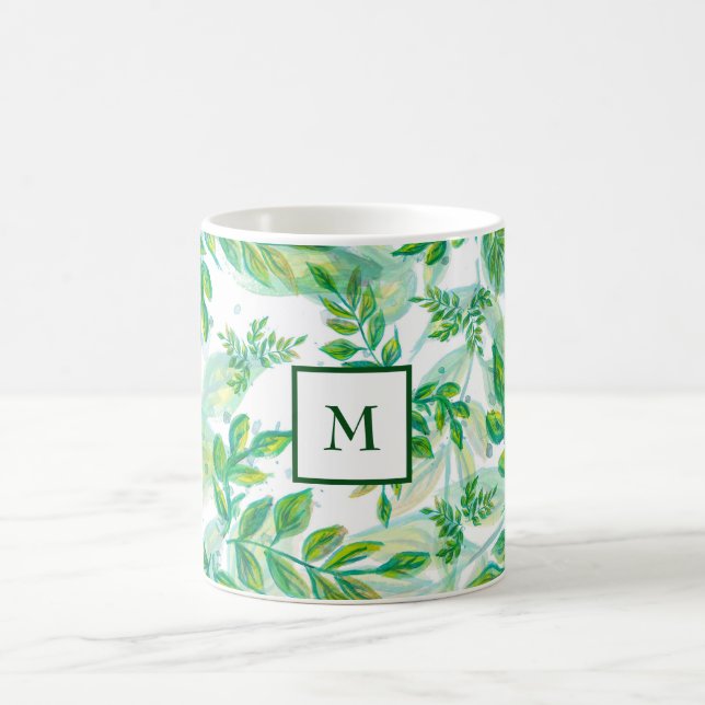 Monogrammierte grüne Blätter Kaffeetasse (Mittel)