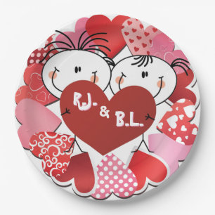 Monogrammierte Herzen-Papierteller Pappteller