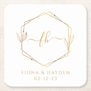 Monogrammierte Hochzeit Elegant Minimal Weiß Gold  Rechteckiger Pappuntersetzer