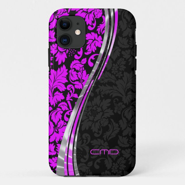 Monogrammierte Hot Pink & Black Damask Silver Acce Case-Mate iPhone Hülle (Rückseite)
