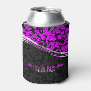 Monogrammierte Hot Pink & Black Damask Silver Acce Dosenkühler
