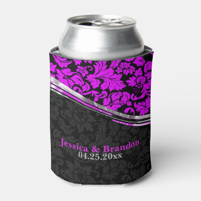 Monogrammierte Hot Pink & Black Damask Silver Acce Dosenkühler (Kanne Vorderseite)