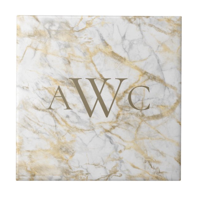 Monogrammierte Initialen Gold Weiß Grau Marmor  Fliese (Vorderseite)