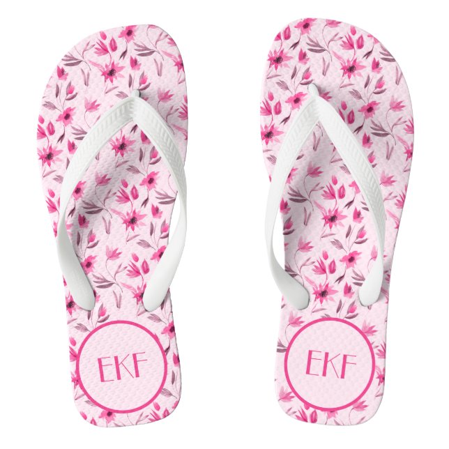 Monogrammierte Initialen Rosa Blumen Damen  Flip Flops (Fußbett)