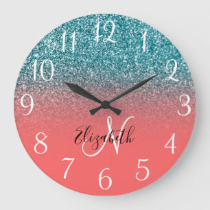 Monogrammierte Korallen- und Türkis-Glitter-Ombre Große Wanduhr