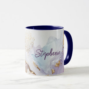 Monogrammierte lila blaue goldene Wasserfarben-Was Tasse