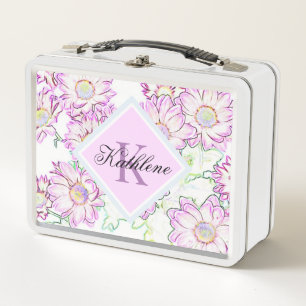 Monogrammierte lila Blumen Vintage Metall Lunchbox