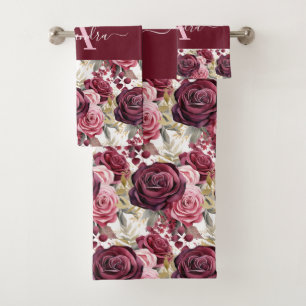 Monogrammierte lila burgunderrote rosa Rosen Handt Badhandtuch Set