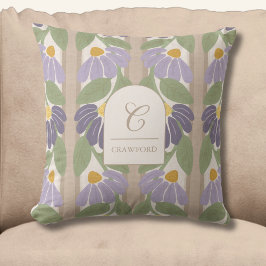 Monogrammierte lila und beige Blumenstreifen Kissen