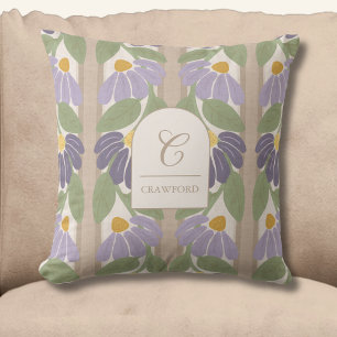 Monogrammierte lila und beige Blumenstreifen Kissen