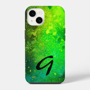 Monogrammierte Limettengrüne Wald-Fauxglitter iPhone 14 Hülle